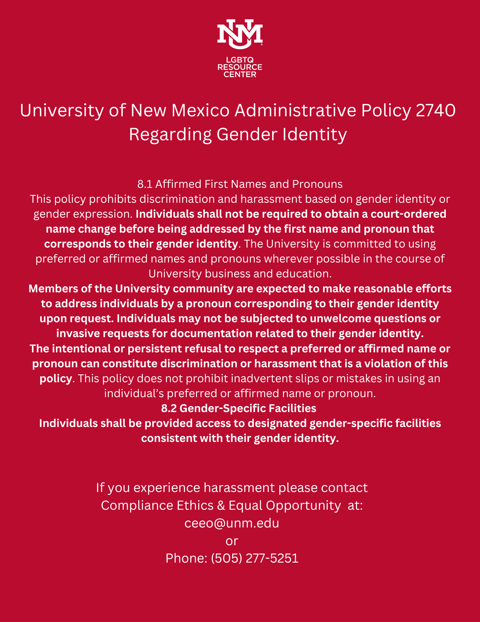 A graphic displaying UNM Policy 2740 – please find the screen reader-friendly version of the graphic at the bottom of this page.