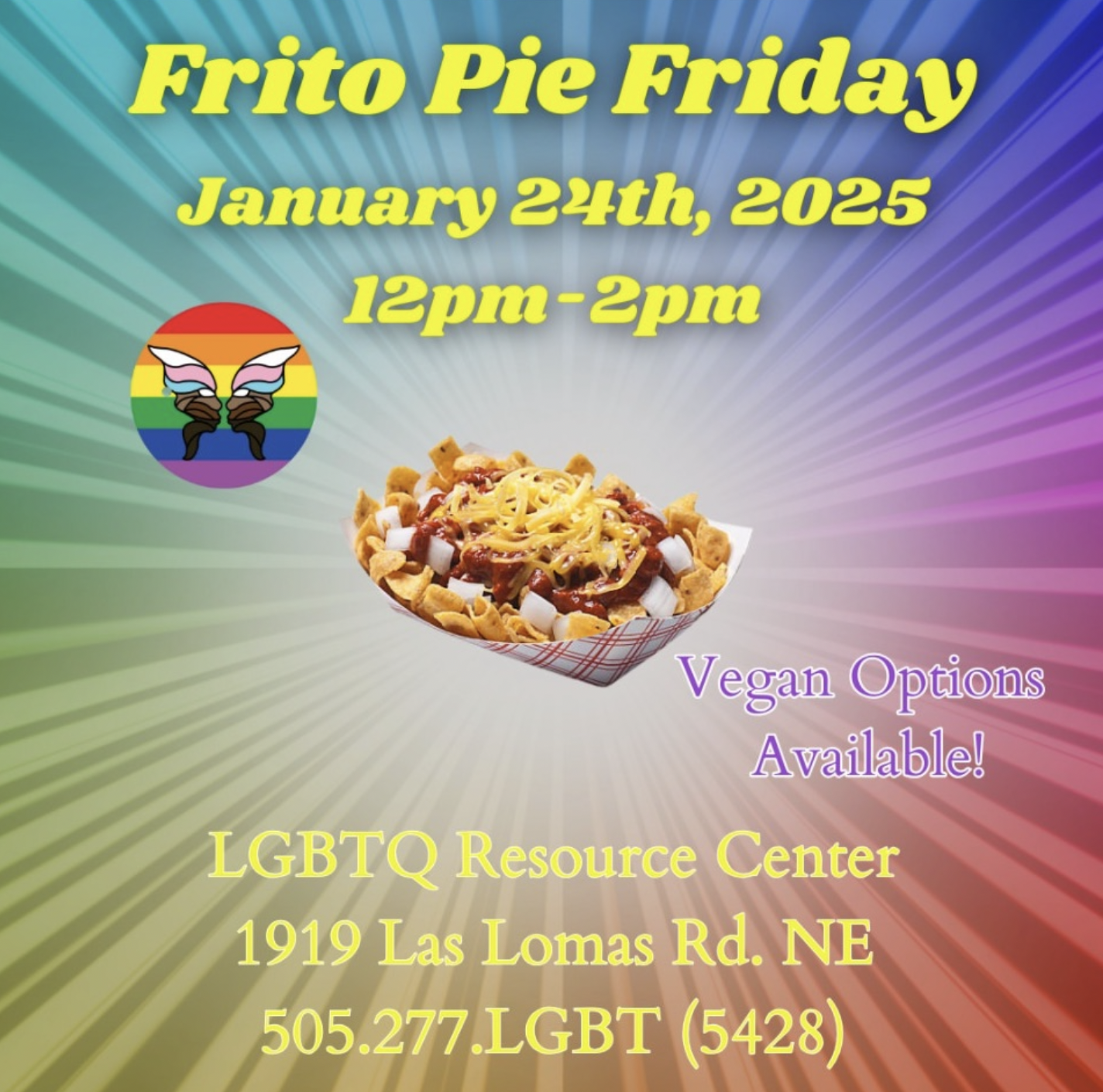 Frito Pie Friday at LGBTQ Resource Center on January 24th from 12 - 2 PM. Vegan options available!